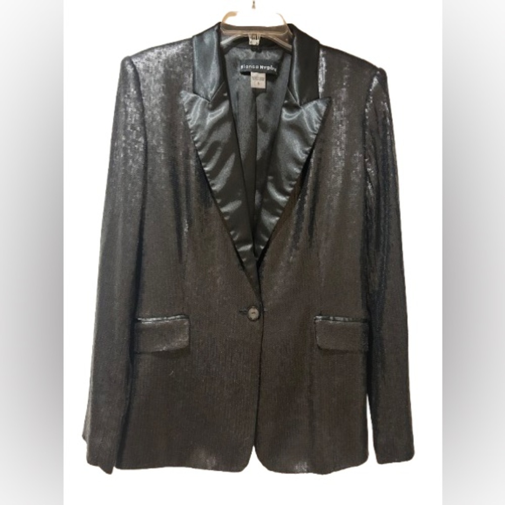 Bianca Nygård Black Sequin Tuxedo Blazer Satin Lapels - Size 8